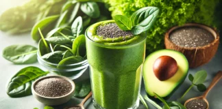 A vibrant green smoothie in a tall glass, featuring a blend of spirulina, spinach, avocado, chia seeds, and coconut water. Garnished with chia seeds and a slice of avocado, set against a fresh, nature-inspired background with leafy greens.