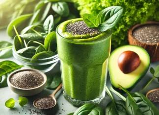 A vibrant green smoothie in a tall glass, featuring a blend of spirulina, spinach, avocado, chia seeds, and coconut water. Garnished with chia seeds and a slice of avocado, set against a fresh, nature-inspired background with leafy greens.
