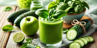 A vibrant green smoothie garnished with fresh basil leaves, surrounded by spinach, green apple, cucumber slices, and lime on a wooden table with a bright, refreshing background.