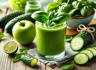 A vibrant green smoothie garnished with fresh basil leaves, surrounded by spinach, green apple, cucumber slices, and lime on a wooden table with a bright, refreshing background.