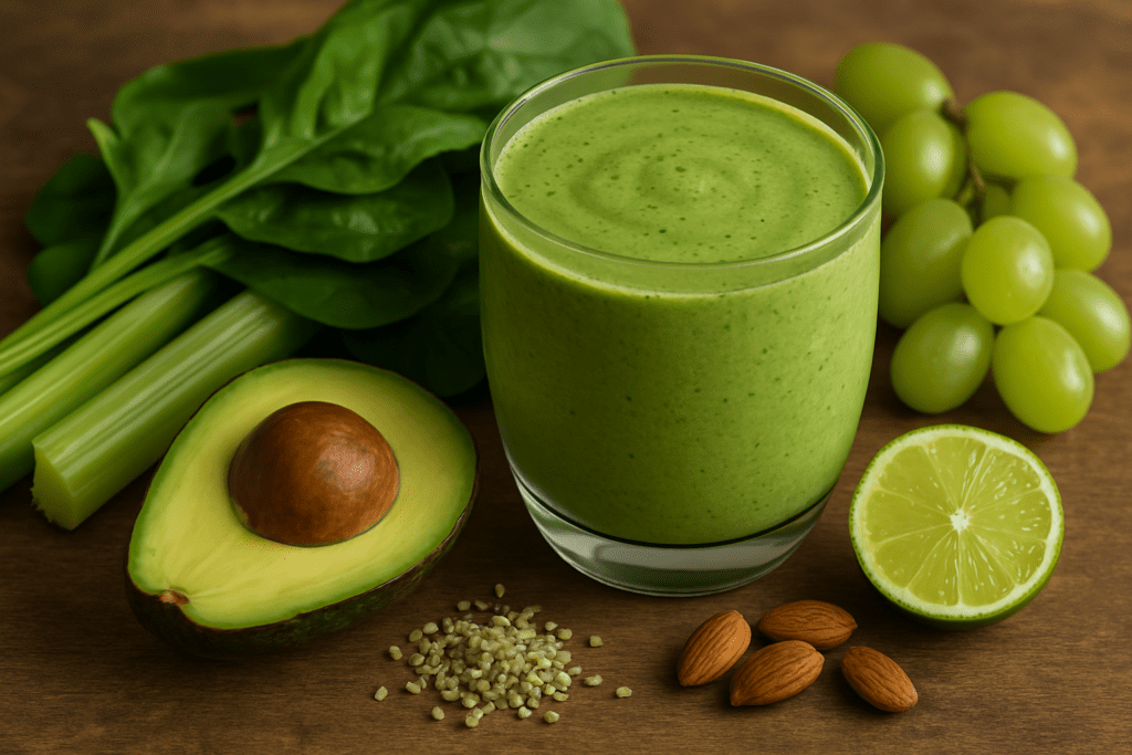 A vibrant green smoothie in a clear glass surrounded by fresh celery stalks, spinach leaves, avocado, green grapes, lime, and hemp seeds on a wooden surface, highlighting a fiber-rich and heart-healthy blend.