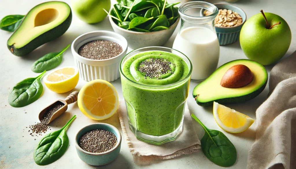 A creamy green smoothie in a glass, surrounded by green apple slices, spinach, avocado, lemon halves, soaked chia seeds, and oat milk on a sunlit kitchen counter.