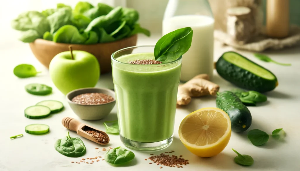 A creamy green smoothie garnished with lemon and spinach, surrounded by cucumber, green apple, flaxseeds, almond milk, fresh ginger, and lemon on a clean kitchen counter.