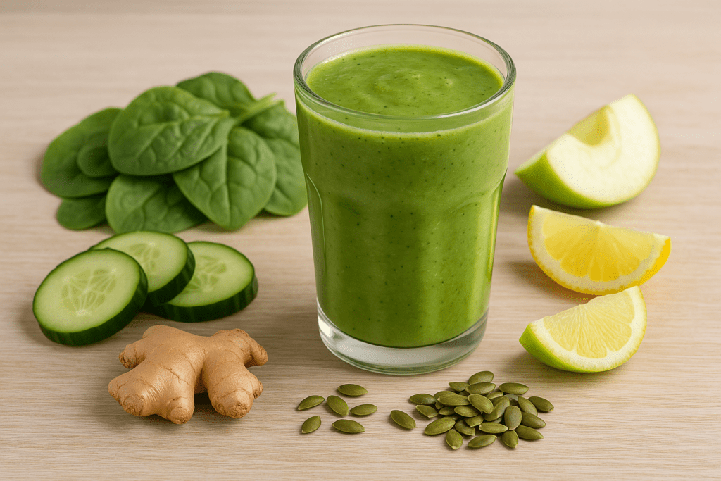 A green smoothie in a glass surrounded by fresh spinach, cucumber slices, green apple chunks, lemon wedges, ginger, and pumpkin seeds on a light wooden surface, highlighting a detoxifying and heart-healthy blend.