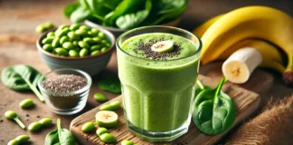 A vibrant green smoothie in a clear glass, made with edamame, spinach, banana, almond milk, and chia seeds, set on a rustic wooden surface with fresh ingredients nearby.