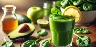 A vibrant, refreshing green smoothie in a clear glass, garnished with a lemon slice and fresh spinach leaves. The smoothie is placed on a wooden table with surrounding ingredients including a halved avocado, green apple slices, and a small jar of honey.