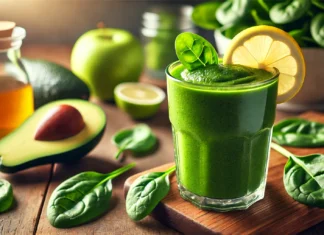 A vibrant, refreshing green smoothie in a clear glass, garnished with a lemon slice and fresh spinach leaves. The smoothie is placed on a wooden table with surrounding ingredients including a halved avocado, green apple slices, and a small jar of honey.