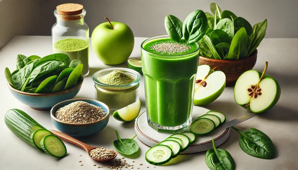A vibrant green smoothie in a tall clear glass, surrounded by spinach, green apple, cucumber, lime, hemp seeds, and a jar of Rhodiola Rosea powder, set on a clean kitchen counter with soft lighting.
