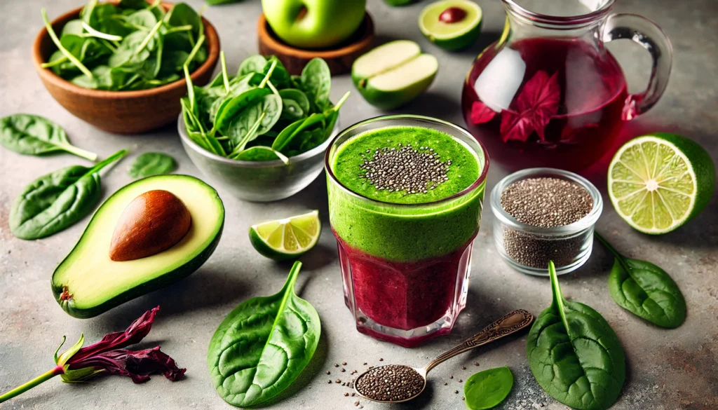 A vibrant green hibiscus smoothie in a clear glass, placed among spinach leaves, green apple, avocado, chia seeds, lime, and hibiscus tea—designed to support healthy blood pressure with plant-powered ingredients.