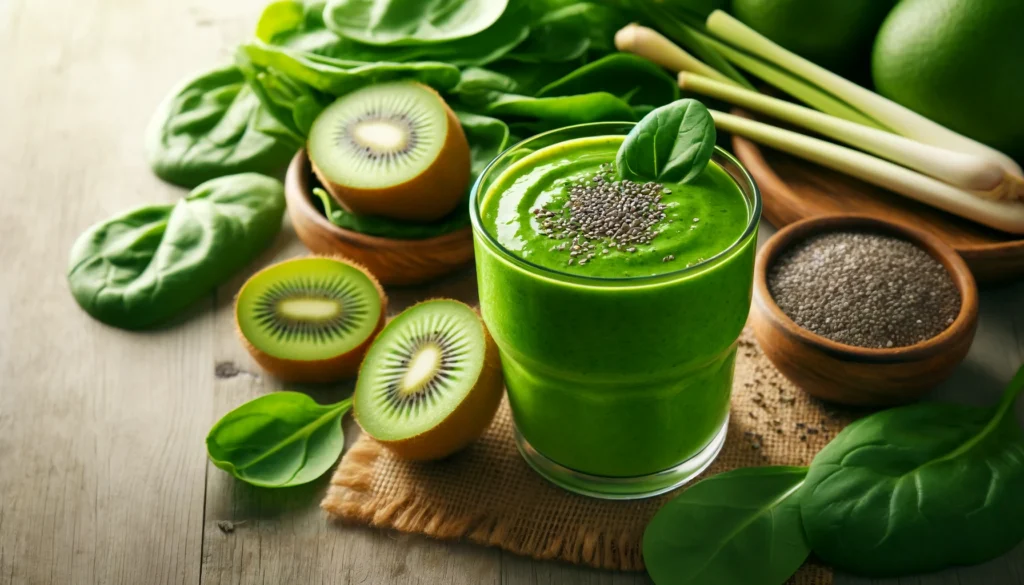 A vibrant green smoothie made with spinach, kiwi, and lemongrass, surrounded by fresh ingredients and a small dish of chia seeds, creating a calming and nutrient-rich bedtime drink.