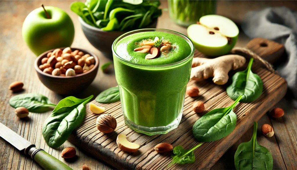 A vibrant green smoothie in a glass, featuring a creamy blend of Brazil nuts, spinach, green apple, and coconut milk. The smoothie is placed on a wooden surface with fresh spinach leaves, sliced green apple, and a piece of ginger nearby, creating a fresh and health-focused atmosphere perfect for muscle recovery.