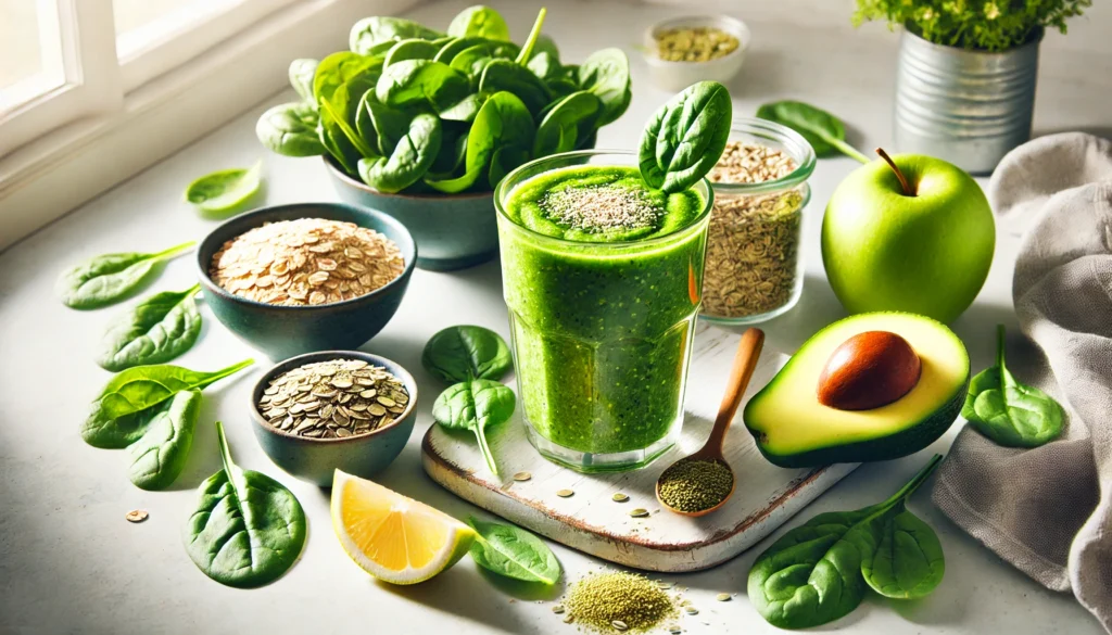 A vibrant green smoothie in a glass, surrounded by spinach, green apple, avocado, lemon halves, rolled oats, and hemp seeds on a bright kitchen counter.