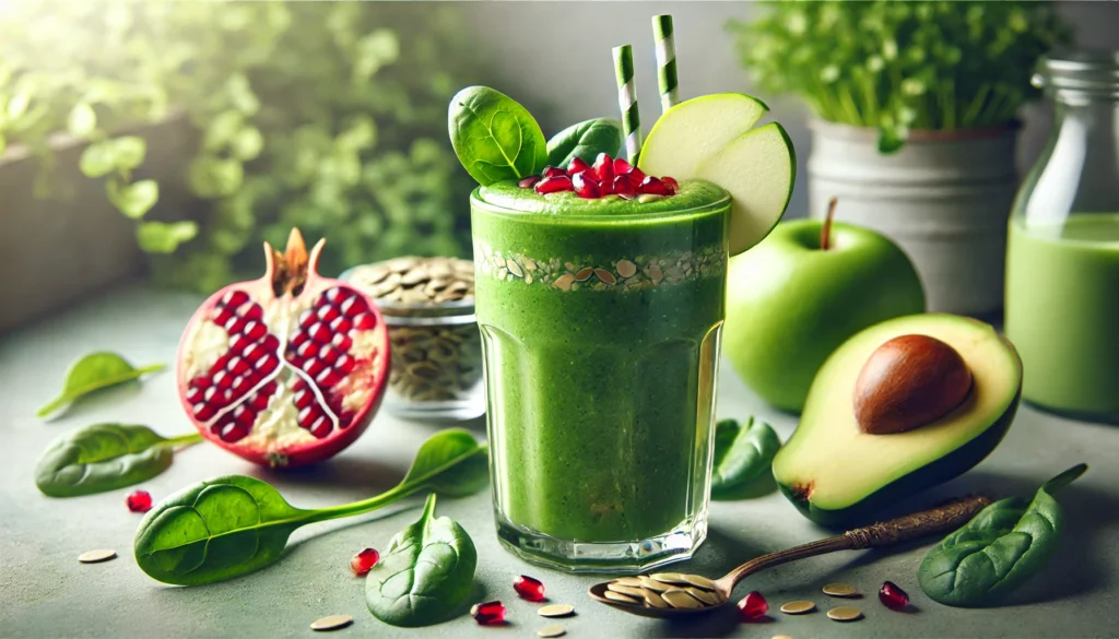 A green smoothie in a tall glass, featuring a blend of pomegranate juice, spinach, avocado, green apple, pumpkin seeds, and oat milk. Topped with a slice of green apple and pomegranate seeds, placed in a fresh, nature-inspired setting.