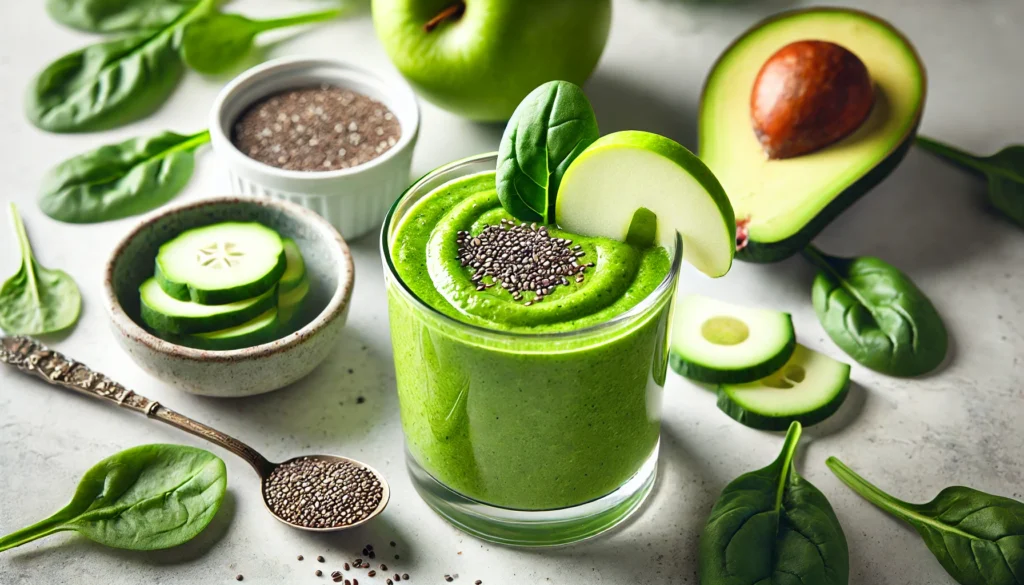 A vibrant green avocado smoothie in a clear glass, placed on a white marble countertop. The smoothie is garnished with a slice of green apple and a sprinkle of chia seeds. Surrounding the glass are fresh spinach leaves, half an avocado, a sliced cucumber, and a small bowl of coconut water, creating a fresh and invigorating scene.