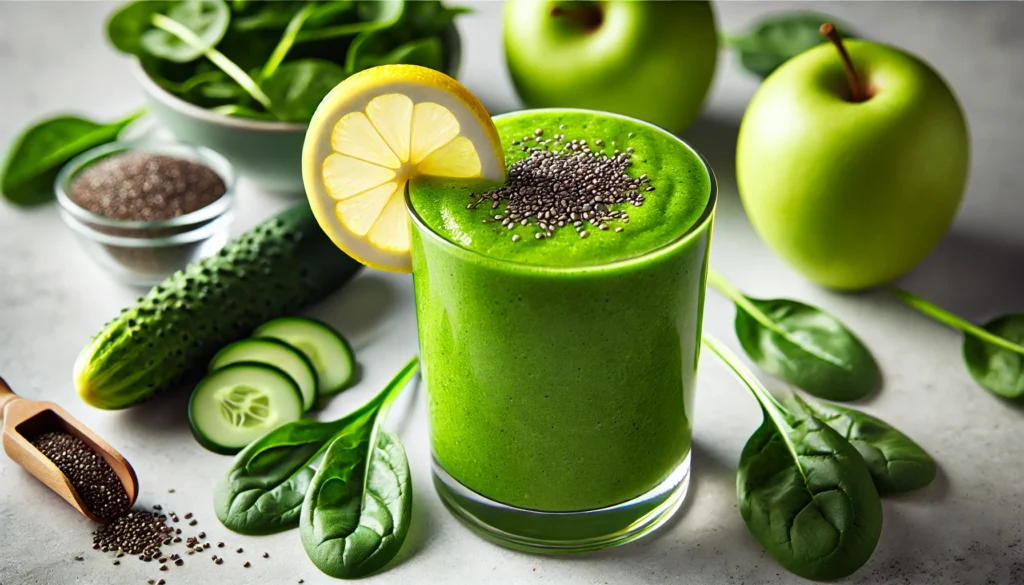 A vibrant and refreshing Green Power Black Bean Smoothie in a tall glass with a bright green color. Garnished with a thin lemon slice and a sprinkle of chia seeds, the smoothie sits on a white marble countertop surrounded by fresh spinach leaves, green apple slices, and cucumber pieces, showcasing its nutrient-packed and revitalizing ingredients.