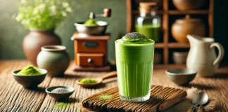 A vibrant green matcha smoothie in a tall glass, garnished with matcha powder and chia seeds, placed on a wooden table with a rustic kitchen background and soft natural lighting.
