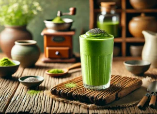 A vibrant green matcha smoothie in a tall glass, garnished with matcha powder and chia seeds, placed on a wooden table with a rustic kitchen background and soft natural lighting.