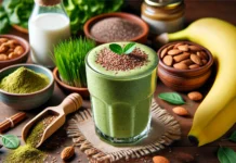 A creamy green smoothie in a glass with a rich and smooth texture, garnished with flaxseeds, surrounded by ingredients including barley grass powder, frozen banana, almond butter, almond milk, flaxseeds, and cinnamon on a wooden table. The warm and energizing background enhances its nutritious appeal.