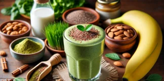 A creamy green smoothie in a glass with a rich and smooth texture, garnished with flaxseeds, surrounded by ingredients including barley grass powder, frozen banana, almond butter, almond milk, flaxseeds, and cinnamon on a wooden table. The warm and energizing background enhances its nutritious appeal.