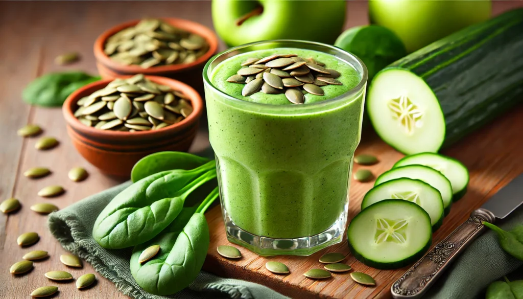 A refreshing green pumpkin seed smoothie in a clear glass, placed on a wooden surface surrounded by fresh spinach leaves, sliced green apple, and cucumber. The smoothie has a creamy green texture, topped with pumpkin seeds and accompanied by a wedge of lime. The background is softly blurred with a fresh produce setting.
