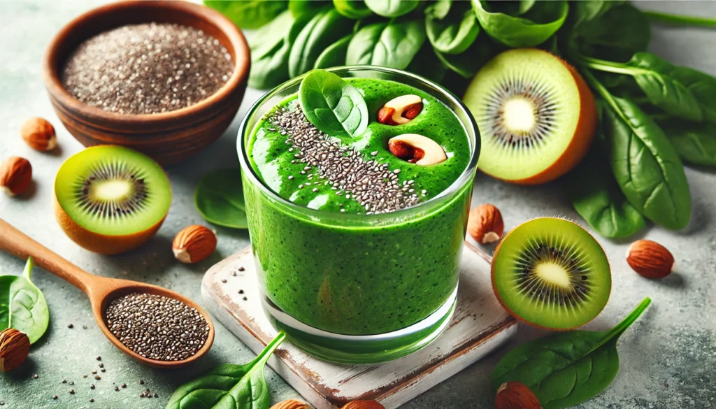 A vibrant green sleep smoothie with Brazil nuts, spinach, and kiwi in a glass, surrounded by fresh spinach leaves, kiwi slices, and chia seeds. The smoothie has a thick, creamy texture, set against a fresh and natural background promoting relaxation and health.
