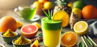 A refreshing citrus smoothie in a glass, featuring a golden-green blend of green tea, orange, lemon, and pineapple. The smoothie is placed on a wooden table, surrounded by fresh citrus slices, a small bowl of turmeric, and a cup of green tea. The background is softly blurred, evoking a fresh and energizing atmosphere.