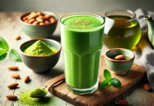 A vibrant green tea and matcha smoothie in a tall glass, showcasing a rich green color. The smoothie is garnished with a dusting of matcha powder and placed on a wooden surface with a small bowl of matcha powder, a cup of brewed green tea, and a few almonds in the background.