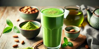 A vibrant green tea and matcha smoothie in a tall glass, showcasing a rich green color. The smoothie is garnished with a dusting of matcha powder and placed on a wooden surface with a small bowl of matcha powder, a cup of brewed green tea, and a few almonds in the background.