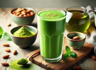 A vibrant green tea and matcha smoothie in a tall glass, showcasing a rich green color. The smoothie is garnished with a dusting of matcha powder and placed on a wooden surface with a small bowl of matcha powder, a cup of brewed green tea, and a few almonds in the background.