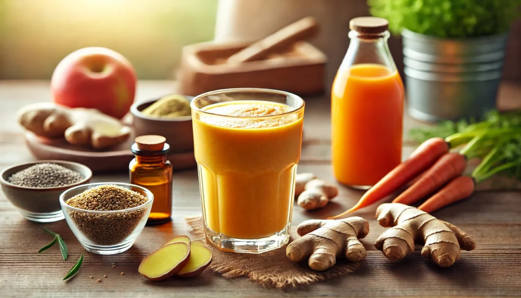 A warm orange gut-healing smoothie in a glass, surrounded by fresh ginger slices, a bowl of hemp seeds, a glass of carrot juice, and a small bottle of apple cider vinegar on a wooden table. Natural lighting enhances the fresh and nourishing ingredients.
