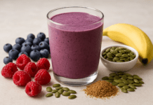 A purple berry smoothie in a glass surrounded by fresh raspberries, blueberries, banana, raw pumpkin seeds, and flaxseed on a neutral surface, highlighting antioxidant-rich and heart-protective ingredients.