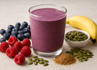 A purple berry smoothie in a glass surrounded by fresh raspberries, blueberries, banana, raw pumpkin seeds, and flaxseed on a neutral surface, highlighting antioxidant-rich and heart-protective ingredients.