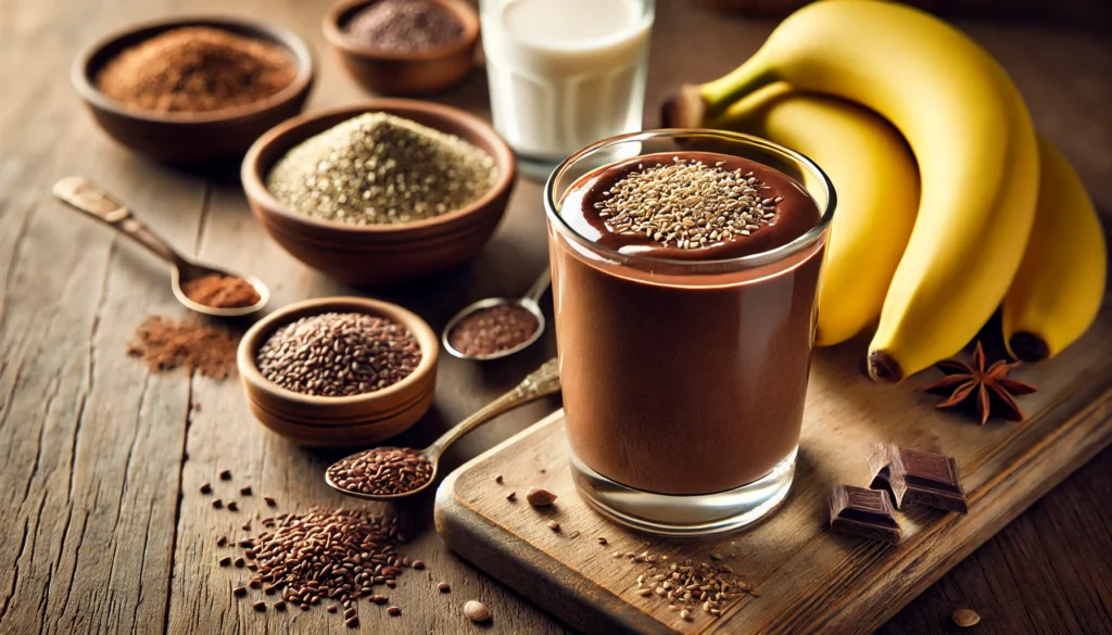 A rich and creamy chocolate hemp seed smoothie in a clear glass, featuring a deep chocolate-brown color with a velvety texture. Garnished with a dusting of cacao powder and hemp seeds, with fresh bananas, a small bowl of hemp seeds, cacao powder, and oat milk in the background.