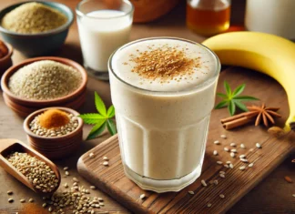 A creamy beige high-protein hemp seed smoothie in a clear glass, garnished with a sprinkle of hemp seeds and cinnamon. The background features a wooden countertop with a banana, a small bowl of hemp seeds, a glass of almond milk, and honey.