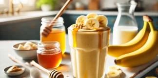 A creamy honey-banana smoothie in a tall glass, topped with banana slices and a drizzle of honey, set in a bright kitchen with natural light.