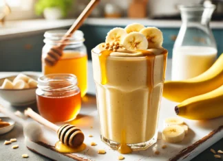 A creamy honey-banana smoothie in a tall glass, topped with banana slices and a drizzle of honey, set in a bright kitchen with natural light.