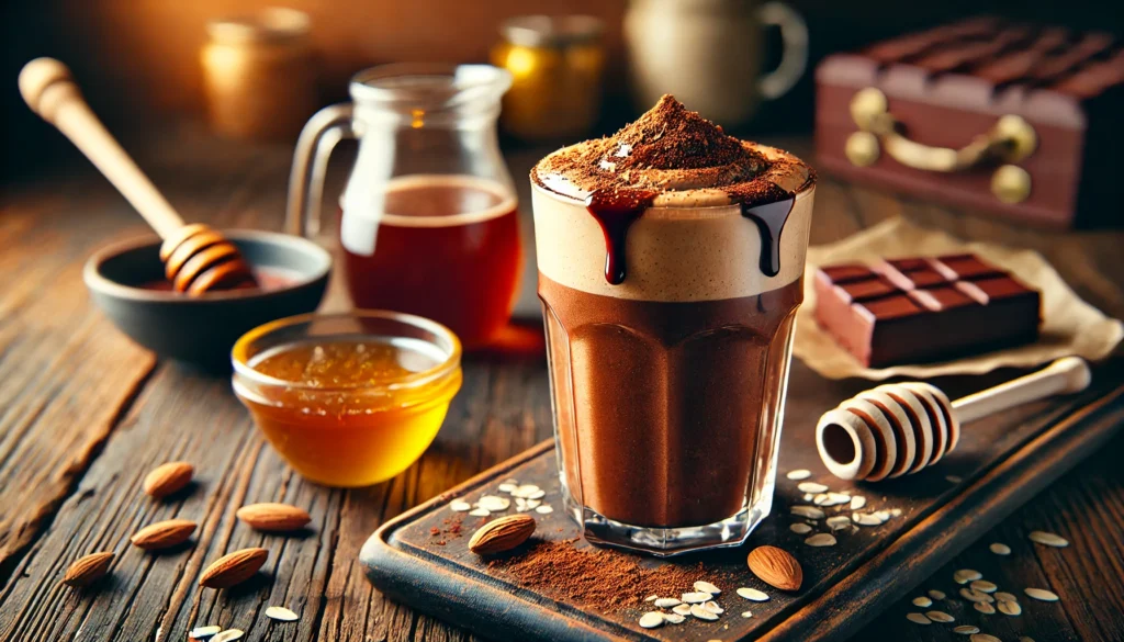 A velvety honey-cacao smoothie in a tall glass with a deep chocolate-brown hue, garnished with cacao powder and almond flakes, set on a rustic wooden kitchen counter with warm lighting.