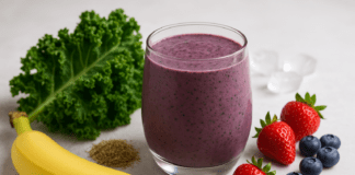 A heart-healthy purple smoothie made with kale, blueberries, strawberries, banana, flaxseed, and almond milk, surrounded by fresh ingredients on a light background.