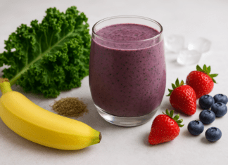 A heart-healthy purple smoothie made with kale, blueberries, strawberries, banana, flaxseed, and almond milk, surrounded by fresh ingredients on a light background.