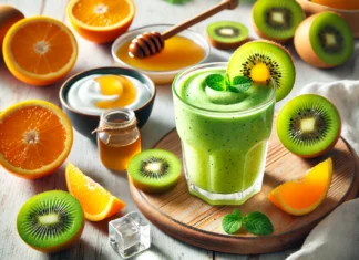 A green smoothie with kiwi and orange, garnished with kiwi slice and orange wedge, surrounded by Greek yogurt, honey, and ice cubes on a bright wooden table.