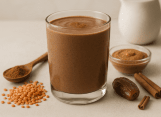 A rich, chocolate-colored lentil smoothie in a clear glass, surrounded by red lentils, almond butter, a date, cinnamon sticks, raw cacao powder, and soy milk on a warm, minimalist background, highlighting its heart-healthy and homocysteine-lowering benefits.