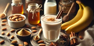 A creamy almond smoothie topped with cinnamon and almond slices, surrounded by banana, almond butter, licorice root powder, cinnamon sticks, almond milk, and honey on a wooden table.
