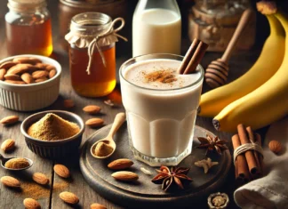 A creamy almond smoothie topped with cinnamon and almond slices, surrounded by banana, almond butter, licorice root powder, cinnamon sticks, almond milk, and honey on a wooden table.