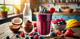 A vibrant maca and berry smoothie in a tall glass with a deep purple-red hue, surrounded by fresh blueberries, raspberries, strawberries, maca root powder, and coconut water on a rustic wooden table in a bright kitchen.