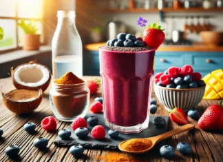 A vibrant maca and berry smoothie in a tall glass with a deep purple-red hue, surrounded by fresh blueberries, raspberries, strawberries, maca root powder, and coconut water on a rustic wooden table in a bright kitchen.