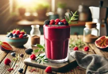 A deep red-purple berry maca smoothie in a tall glass, garnished with fresh mixed berries and a sprinkle of maca powder, placed on a wooden table with a rustic kitchen background and soft natural lighting.