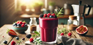 A deep red-purple berry maca smoothie in a tall glass, garnished with fresh mixed berries and a sprinkle of maca powder, placed on a wooden table with a rustic kitchen background and soft natural lighting.