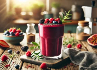 A deep red-purple berry maca smoothie in a tall glass, garnished with fresh mixed berries and a sprinkle of maca powder, placed on a wooden table with a rustic kitchen background and soft natural lighting.