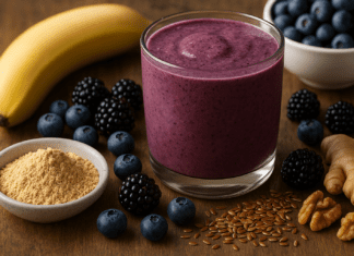 A vibrant purple smoothie surrounded by blueberries, blackberries, banana, flaxseed, maca powder, and ginger on a wooden surface, emphasizing a heart-supportive antioxidant blend.