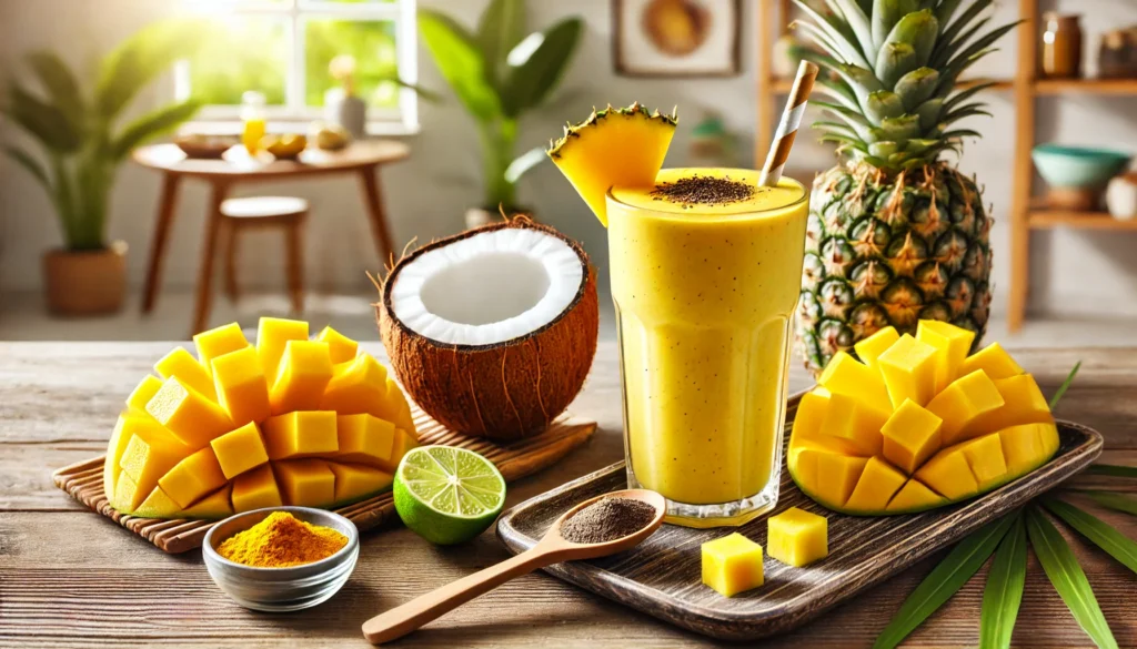 A refreshing maca and tropical fruit smoothie in a tall glass with a vibrant yellow-orange hue, surrounded by mango chunks, pineapple slices, lime, and maca root powder on a tropical-themed wooden table with a cracked coconut nearby.
